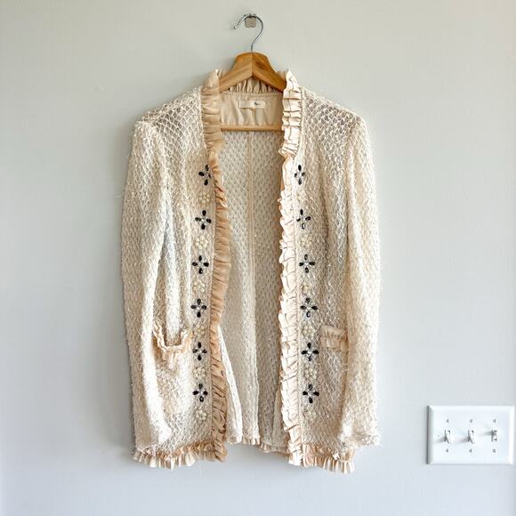 Vintage Ryu Ruffle Lace Bead Hook Closure Jacket Cream L - Picture 1 of 9